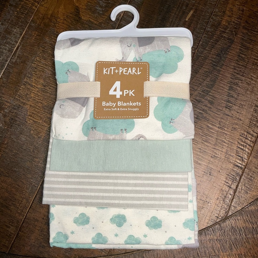 Kit + Pearl 4-Pack Baby Blankets Elephants Clouds 28x28 Gray Mint Cotton Muslin